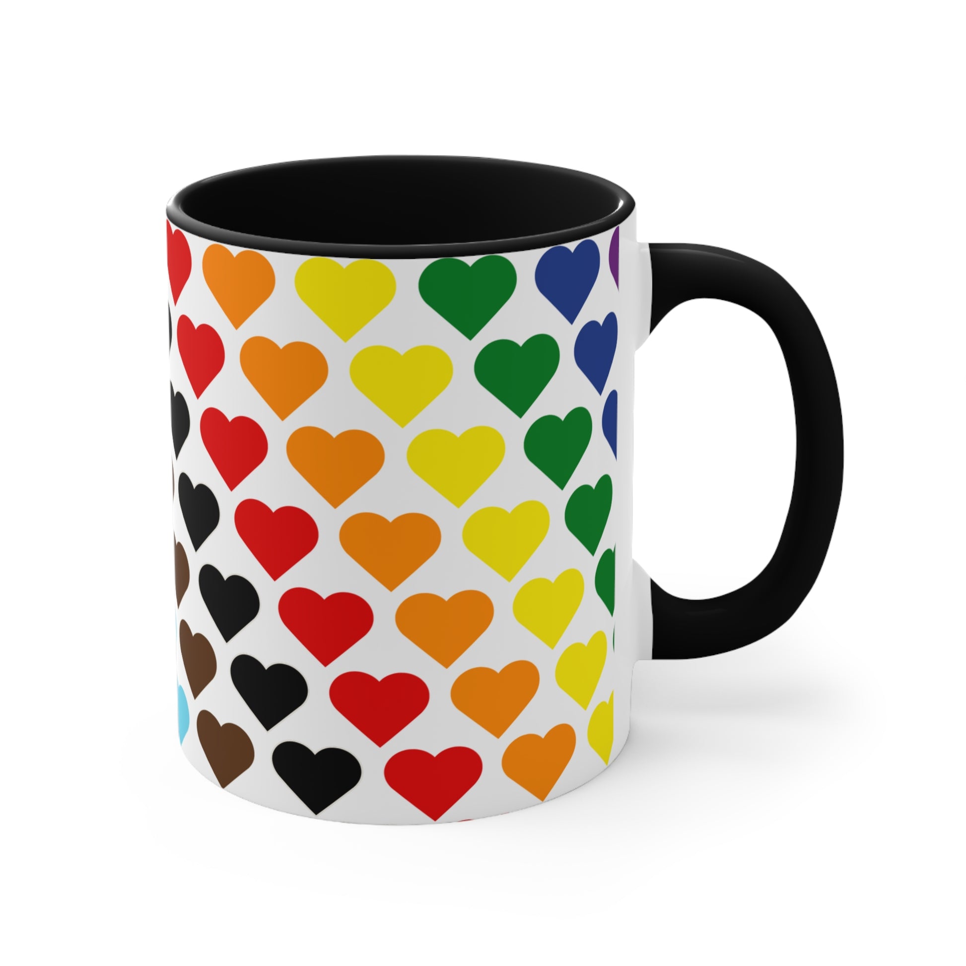 Introducing the Progress Pride Flag Love Hearts - Colourful Accent Mug by Printify: a ceramic mug featuring a vibrant red handle and a lively interior, adorned with diagonally arranged rows of hearts in shades of purple, blue, pink, green, and yellow. The hearts are evenly spaced across the surface, creating a charming and festive design.