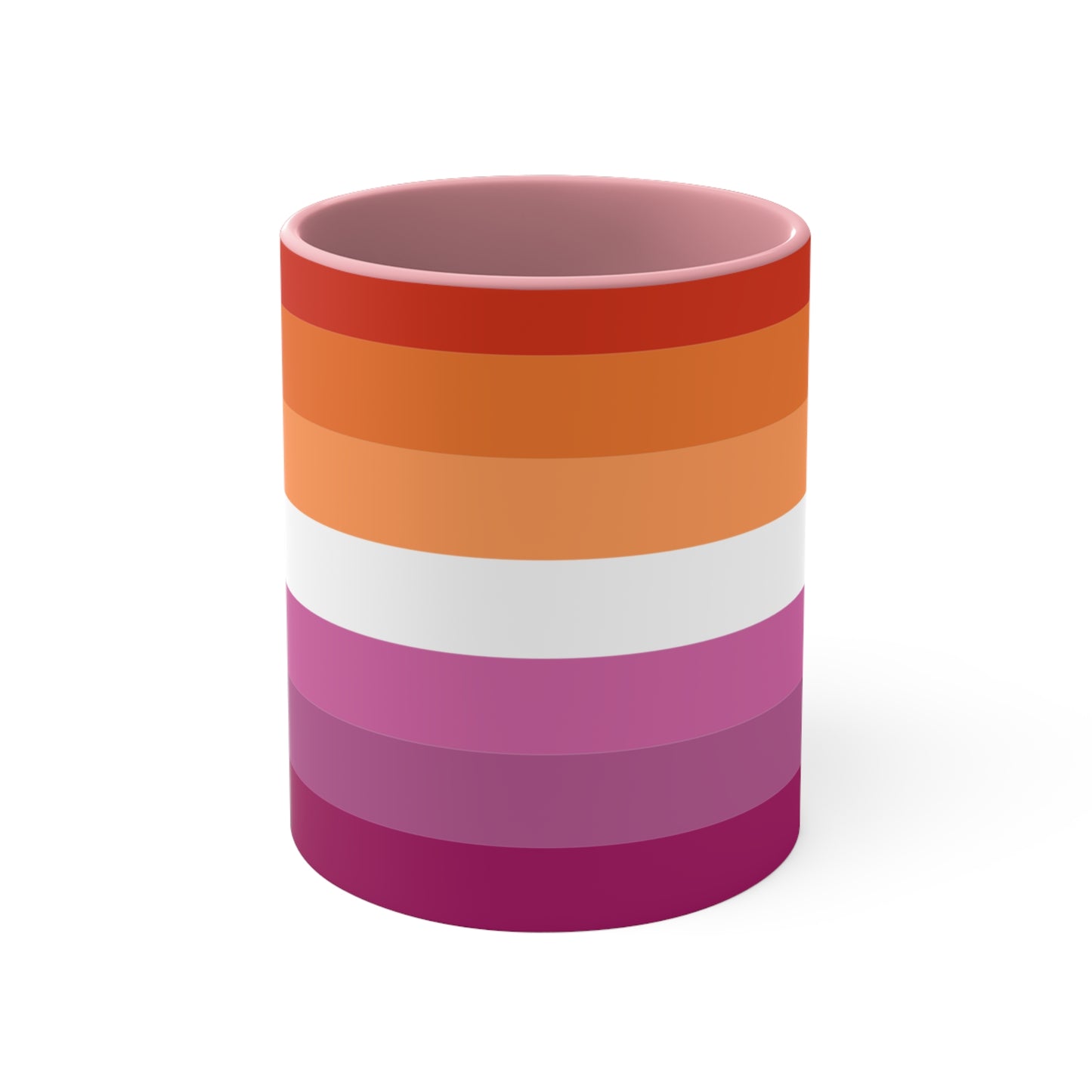 The Lesbian pride flag colorful accent mug by Printify features a vibrant design with horizontal stripes in varying shades of orange, pink, and purple. It has a red handle and colorful interior that create an eye-catching contrast against the plain white background.