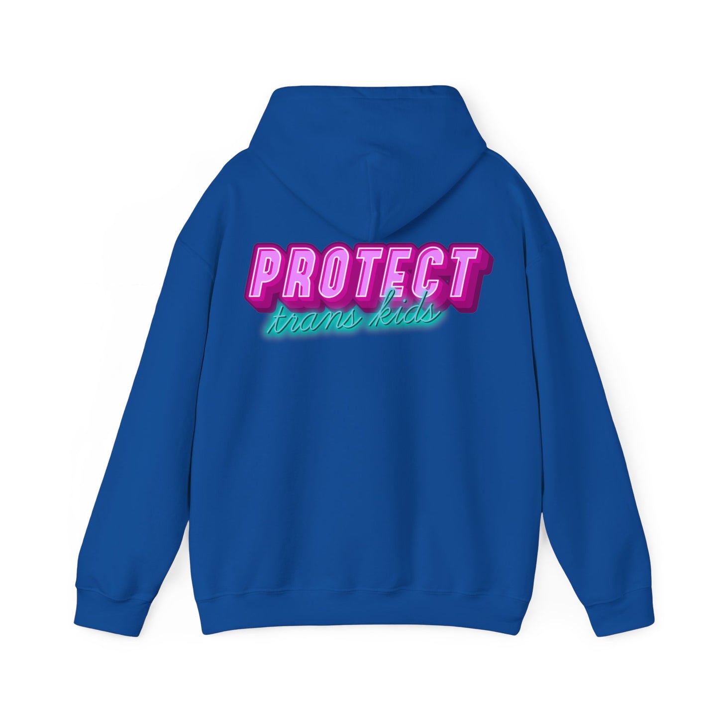 The Protect Trans Kids Hoodie (Australian Shipping) is a blue unisex heavy blend sweatshirt with pink and green text, made from ethically grown cotton.