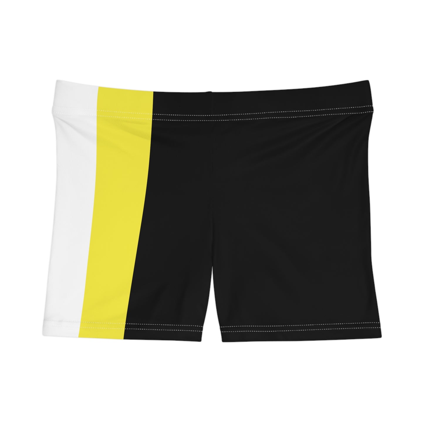 A person is modeling the Non-Binary Pride Flag Short Shorts by Printify, featuring high-waisted custom stripes in black, purple, white, and yellow. Made from moisture-wicking fabric that includes polyester and spandex, the shorts are displayed from the lower torso to the upper thigh.