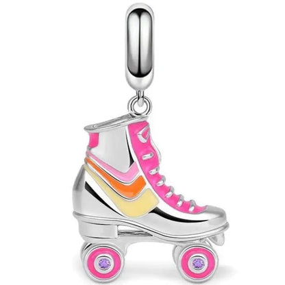 Pandora roller skate charm. 925 sIlver skate charm. Pink and orange rollerskate jewellry charm