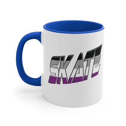 The SKATE asexual pride flag accent mug from Printify features a striking design: a white base with a black handle and vibrant interior. The word "SKATE" is boldly displayed on the side in 3D-style letters, showcasing an eye-catching gradient that transitions from black and gray at the top to purple at the bottom.