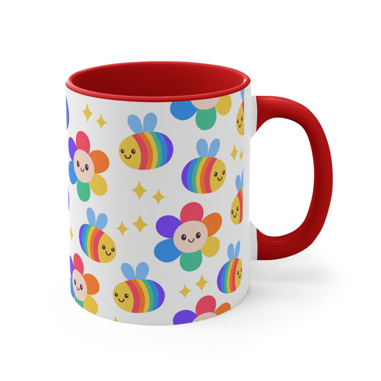 The Subtle Rainbow Pride - Flowers and Bees Colourful Accent Mug by Printify is a white ceramic mug with a red handle and colored interior, adorned with a vibrant pattern of adorable smiling bees and flower designs. The cheerful bees and flowers are rendered in bright rainbow colors reminiscent of the pride flag, with small yellow stars scattered throughout.