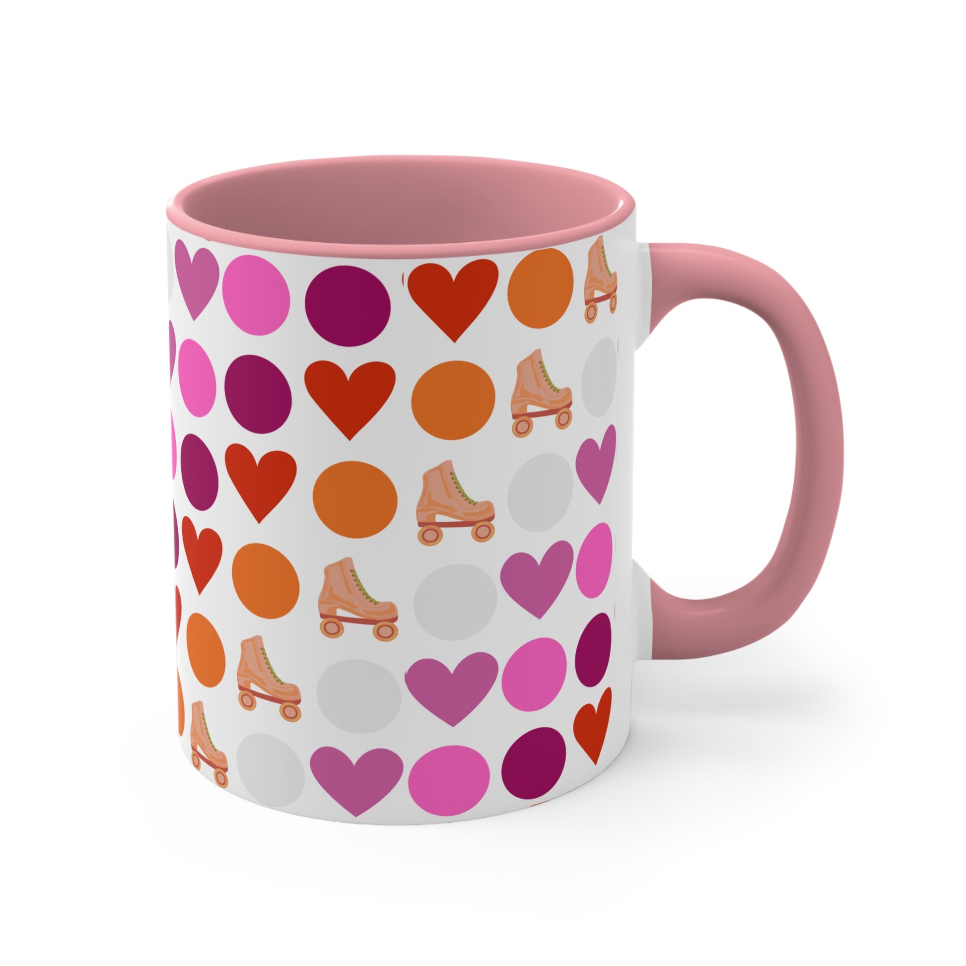 The Subtle Lesbian Pride + Roller Skate Colourful Accent Mug by Printify is a white ceramic mug featuring a red handle and a vibrant interior. It is adorned with a playful pattern of hearts, circles, and roller skates in an array of colors, including pink, purple, orange, and red.