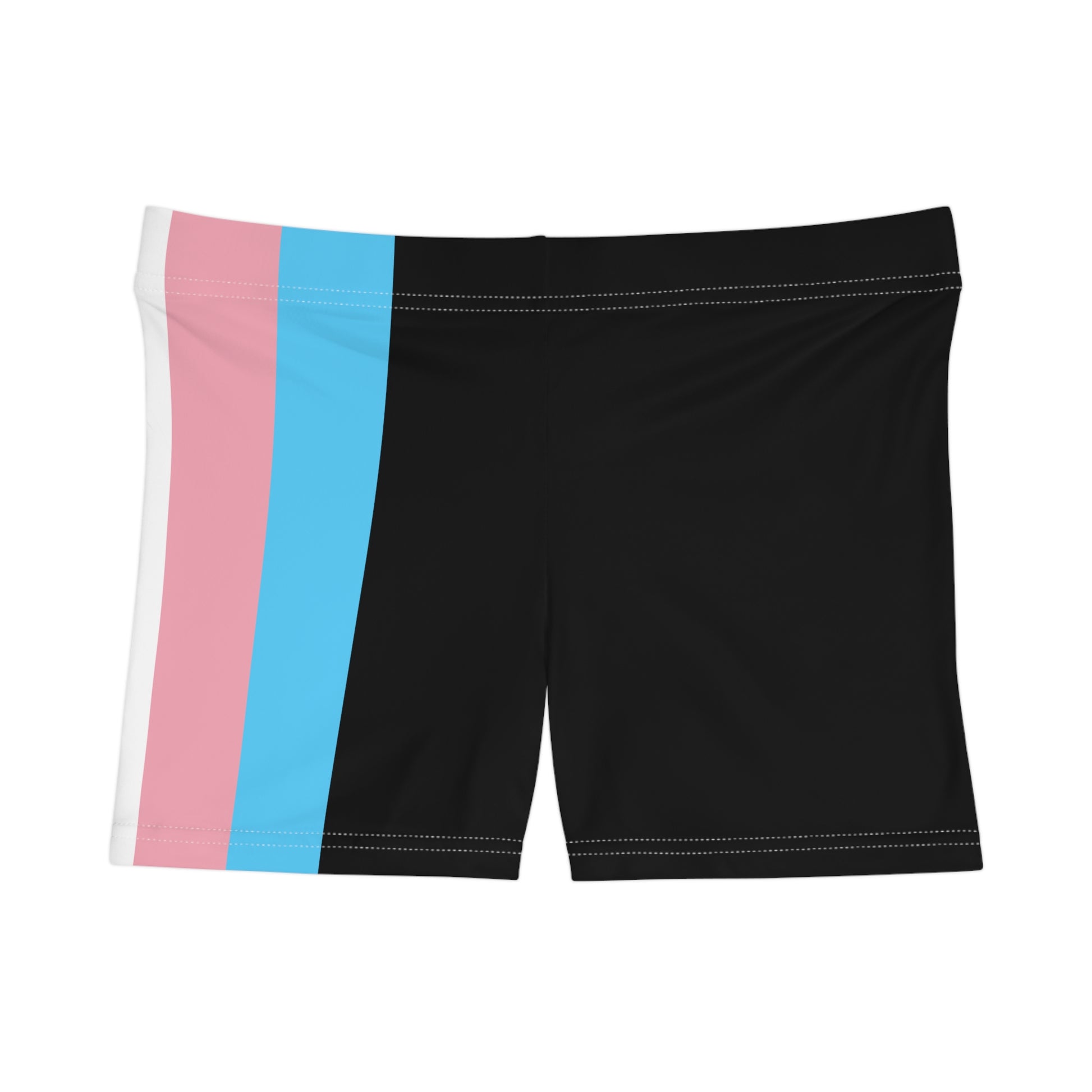 A person wearing Printify's Transgender Pride Flag Short Shorts, which feature the horizontal stripes of light blue, pink, white, pink, and light blue from the transgender pride flag. Made from a moisture-wicking polyester spandex blend, these high-waisted shorts reveal the person's bare midriff and upper thighs.