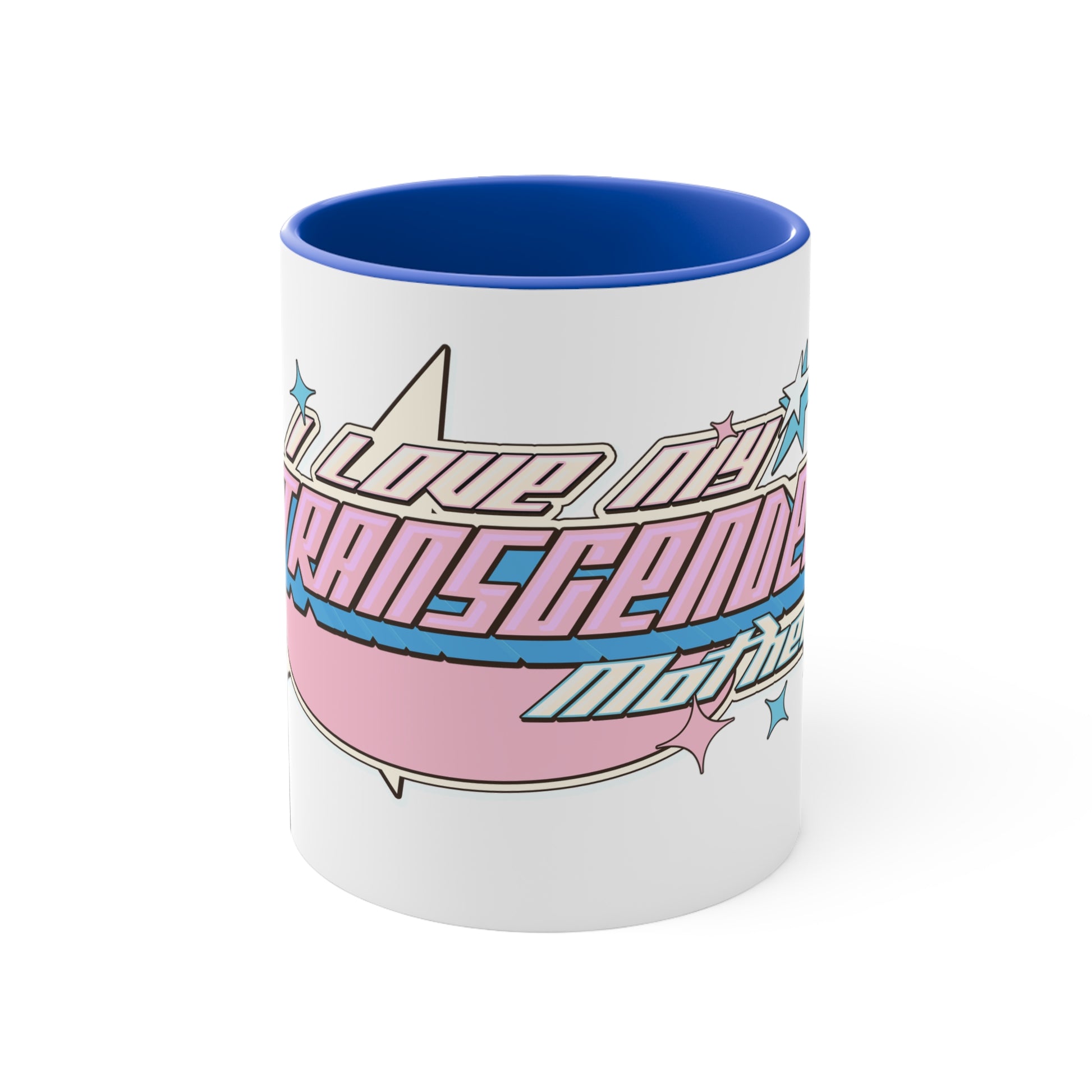 The I Love My Transgender Mother original design accent mug from Printify is a white ceramic mug featuring a pink interior. It displays colorful, stylized text in pink and blue with a 3D effect that reads "I love my transgender mother." The design is highlighted with star motifs and set against a vibrant background.