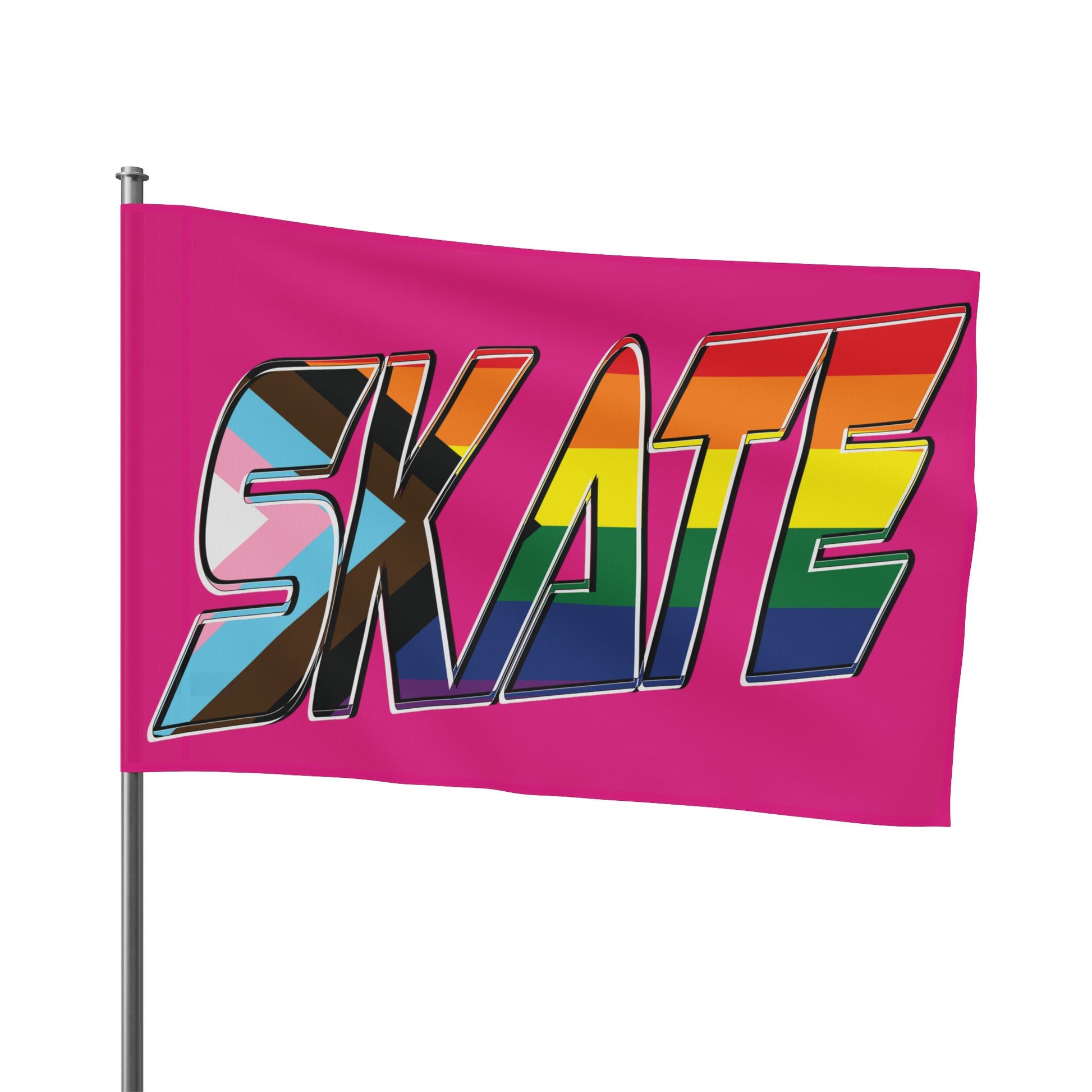 Gay Skate's SKATE progress pride original logo flag - on pink features a bold graphic with the multicolored rainbow pride word "SKATE" on a vibrant pink background. The letters are adorned in the colors of both the rainbow flag and the transgender pride flag, celebrating inclusivity and queer skating pride within the community.