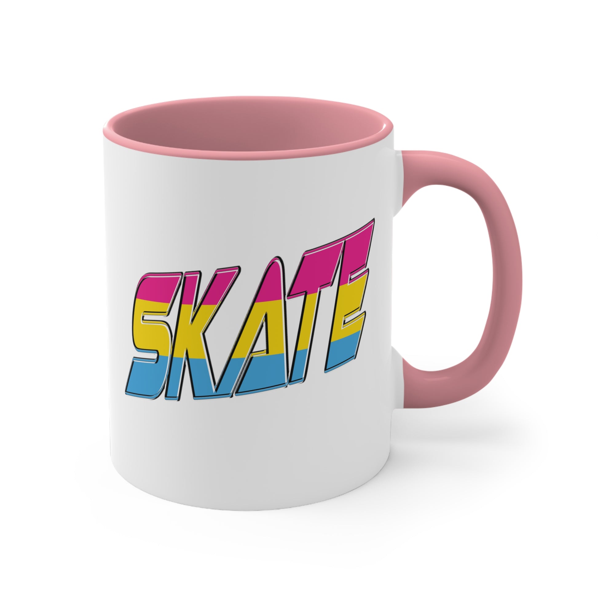 Introducing the "SKATE pansexual pride flag accent mug" by Printify—a white ceramic coffee mug highlighted with a black handle and interior. Adorned on the front are bold, colorful letters spelling "SKATE," featuring a gradient effect in pink, yellow, and blue that beautifully represents the pansexual pride flag.