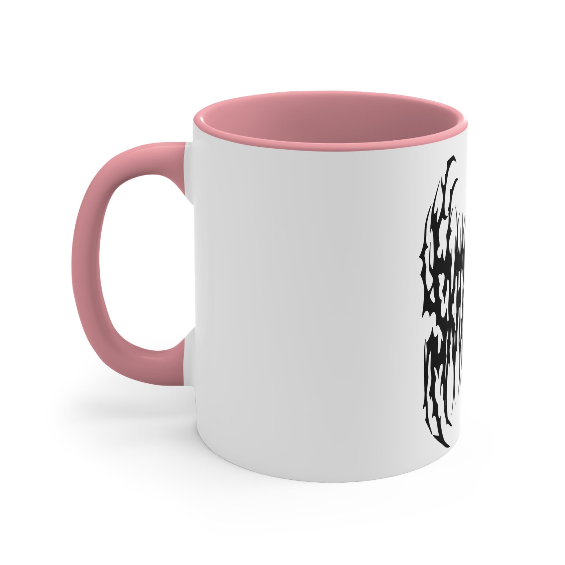 The "SKATING IS GAY but make it death metal accent mug" by Printify is a white mug with a black interior featuring an intricate design that resembles sharp, thorny text. Styled in a death metal font, the symmetrical design has an aggressive, edgy appearance that makes the text difficult to read due to its complex, spiky style.