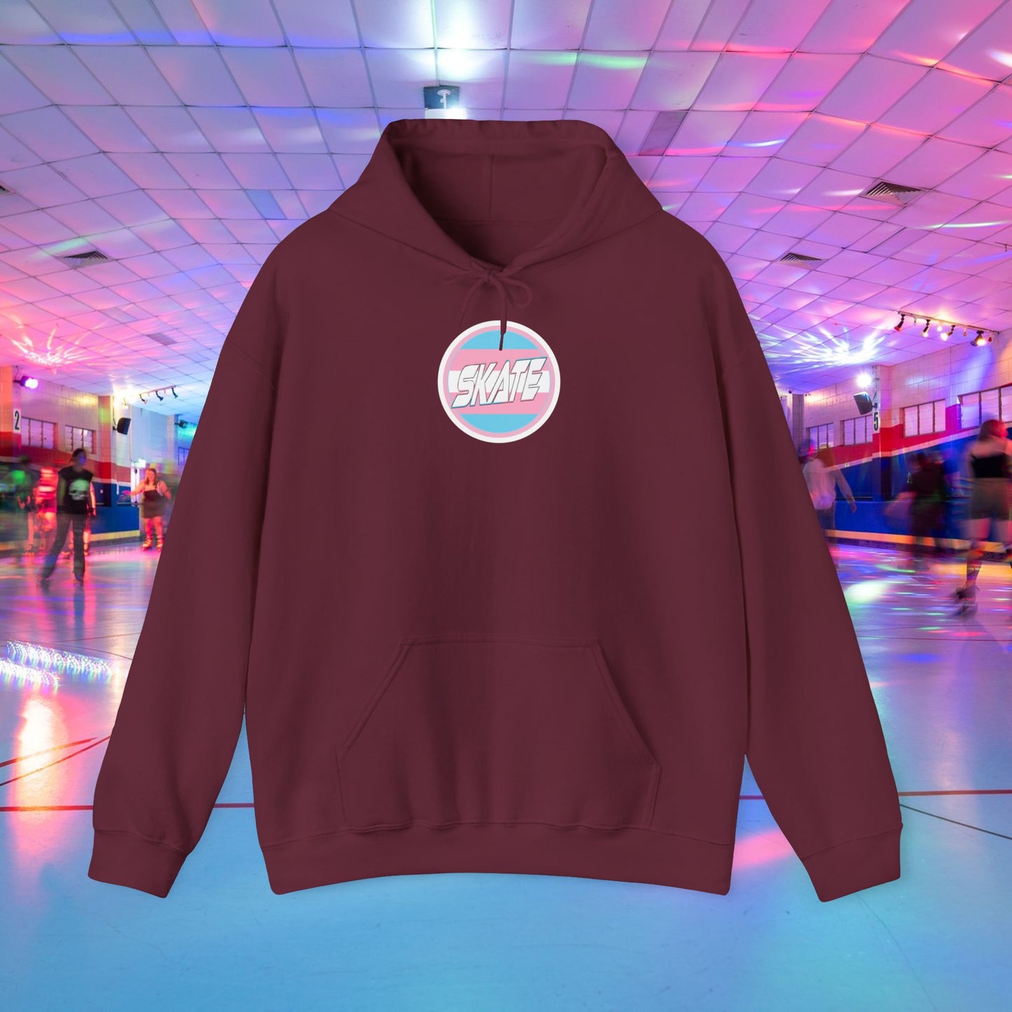 Add Custom Name - SKATE Trans Flag round logo Hoodie - Australian Shipping