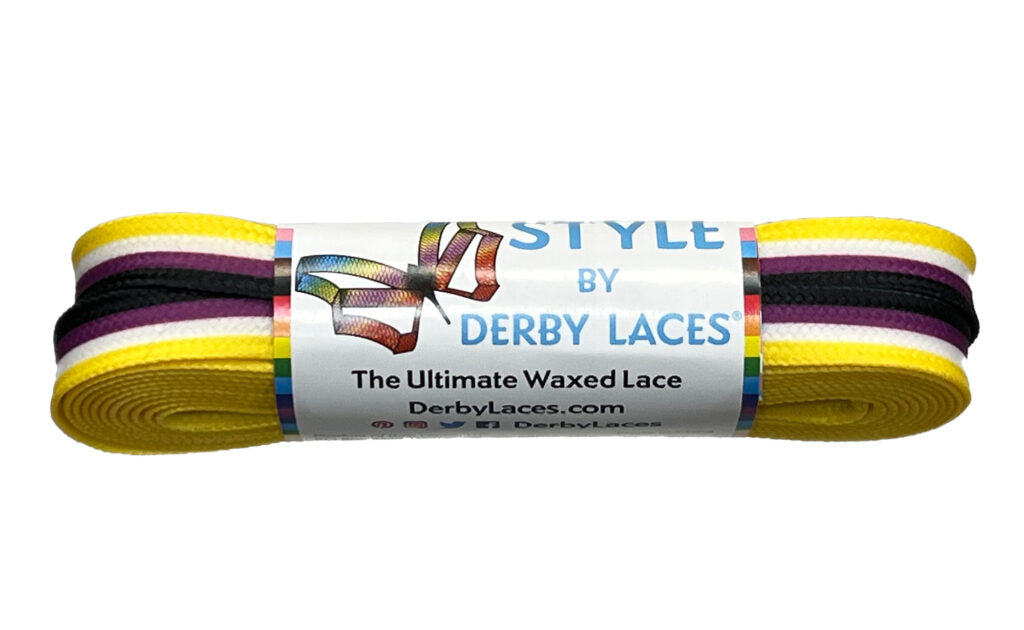 Three pairs of colorful shoelaces are displayed. The first pair is yellow with black and purple stripes, the second pair features a Pride flag pattern, and the third pair is pale pink with teal and coral stripes. All shoelaces are Waxed Skate Laces by Derby Laces, proudly presented under the Gay Skate brand.