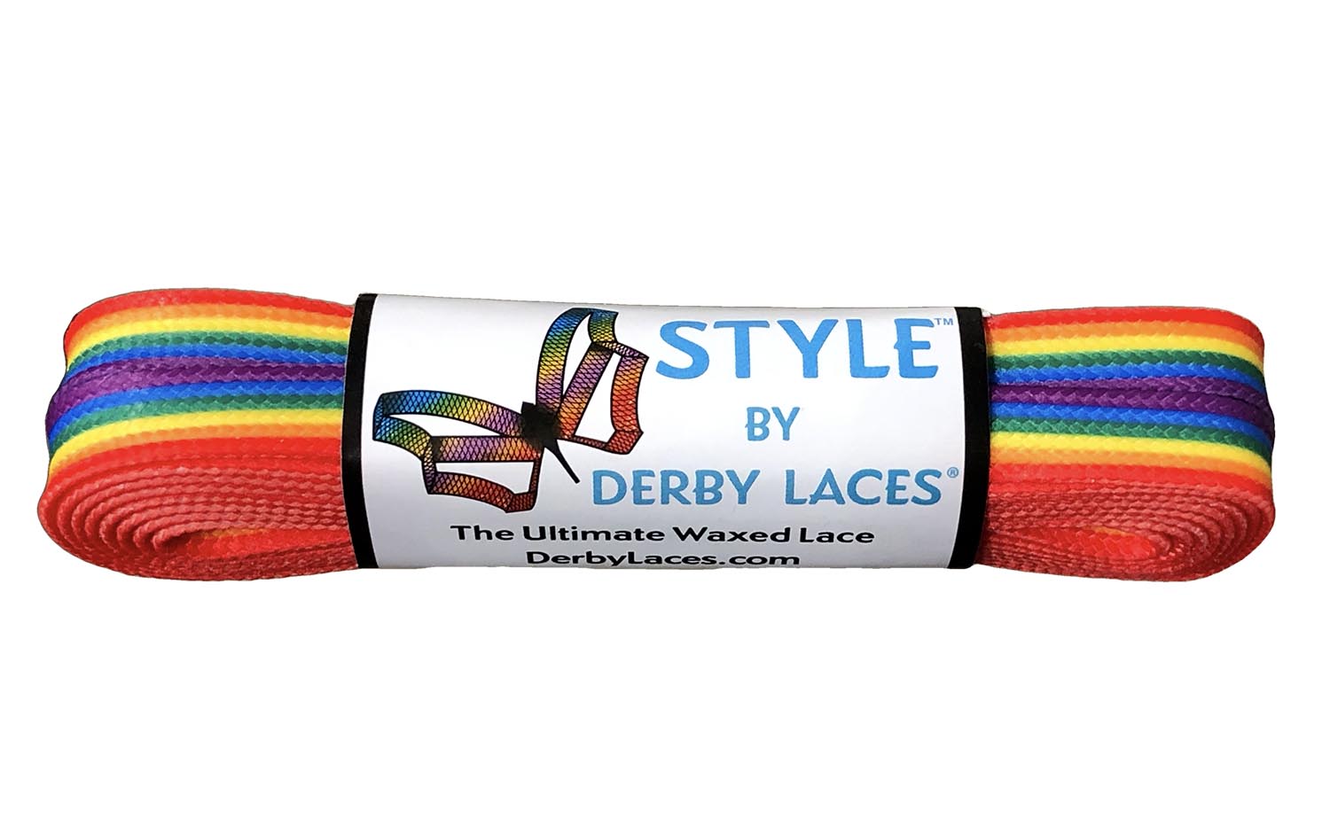 Three pairs of colorful shoelaces are displayed. The first pair is yellow with black and purple stripes, the second pair features a Pride flag pattern, and the third pair is pale pink with teal and coral stripes. All shoelaces are Waxed Skate Laces by Derby Laces, proudly presented under the Gay Skate brand.