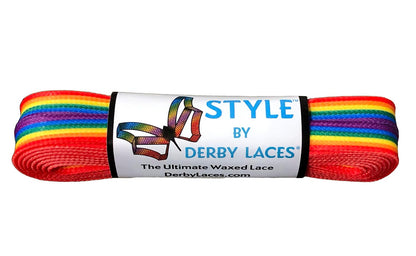 Three pairs of colorful shoelaces are displayed. The first pair is yellow with black and purple stripes, the second pair features a Pride flag pattern, and the third pair is pale pink with teal and coral stripes. All shoelaces are Waxed Skate Laces by Derby Laces, proudly presented under the Gay Skate brand.