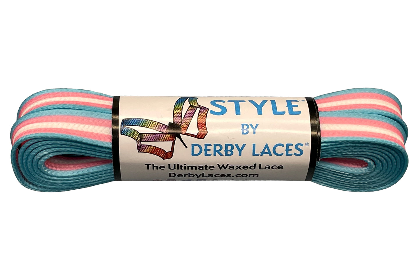 Three pairs of colorful shoelaces are displayed. The first pair is yellow with black and purple stripes, the second pair features a Pride flag pattern, and the third pair is pale pink with teal and coral stripes. All shoelaces are Waxed Skate Laces by Derby Laces, proudly presented under the Gay Skate brand.