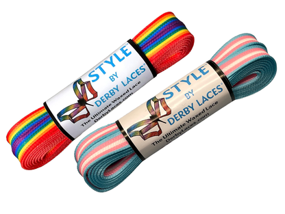 Three pairs of colorful shoelaces are displayed. The first pair is yellow with black and purple stripes, the second pair features a Pride flag pattern, and the third pair is pale pink with teal and coral stripes. All shoelaces are Waxed Skate Laces by Derby Laces, proudly presented under the Gay Skate brand.