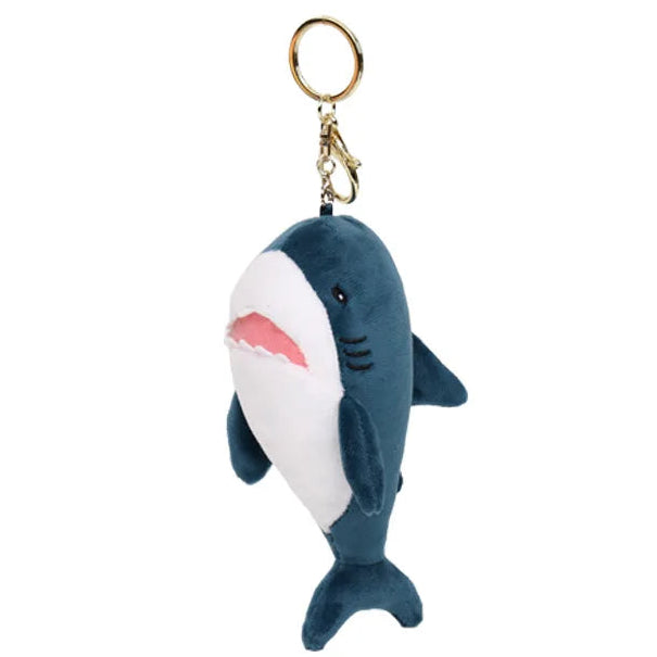 Blahaj plush stuffed shark toy keychain with a gold keyring
