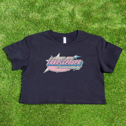 A cropped shirt from Gay Skate named "I LOVE MY TRANSGENDER COMMUNITY - cropped shirt for Australian Shipping" is laid on green grass. It features an airplane graphic, a smaller star, and bold text reading "I love my Transgender community." This pride clothing design uses the blue, white, and pink colors of the transgender pride flag.