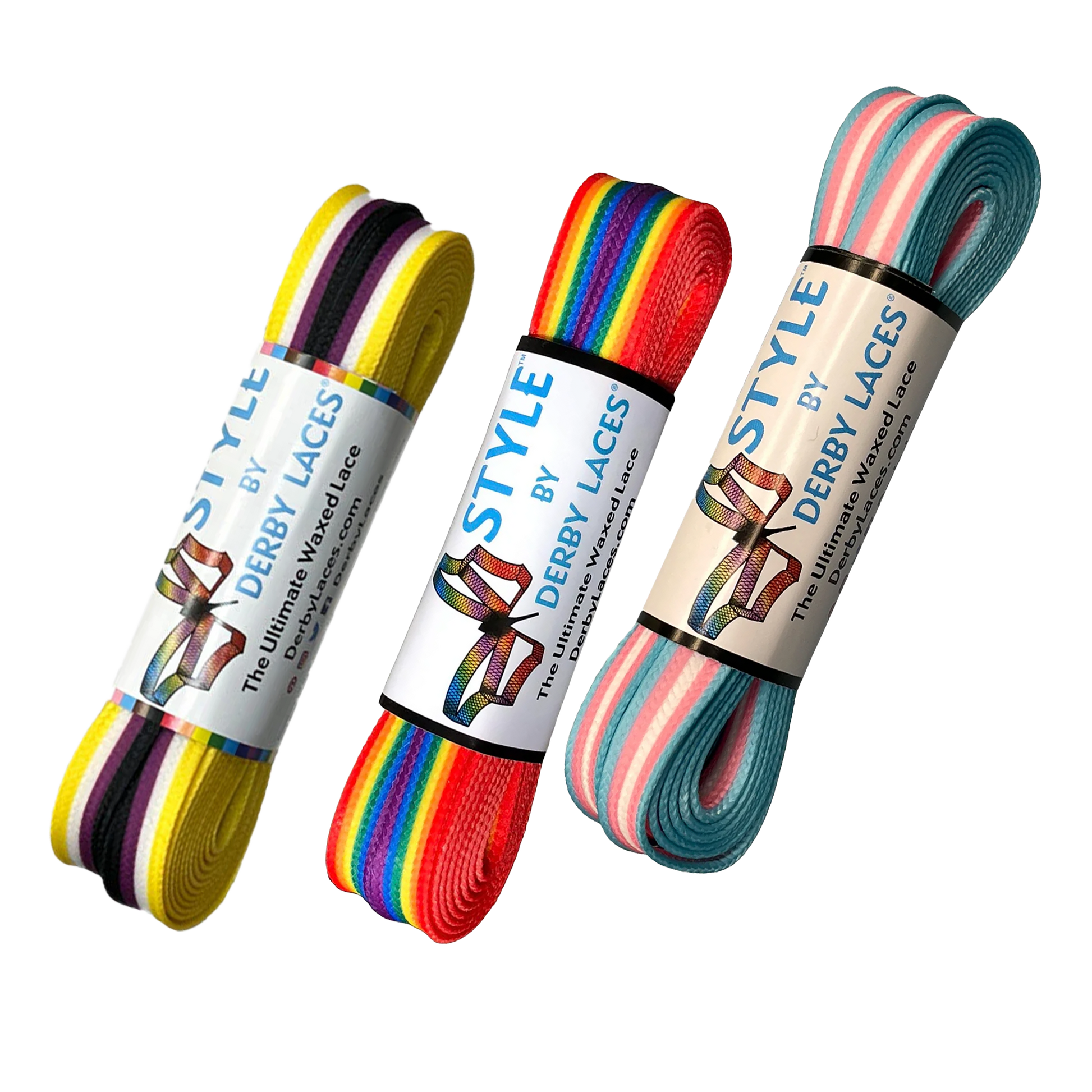 Three pairs of colorful shoelaces are displayed. The first pair is yellow with black and purple stripes, the second pair features a Pride flag pattern, and the third pair is pale pink with teal and coral stripes. All shoelaces are Waxed Skate Laces by Derby Laces, proudly presented under the Gay Skate brand.