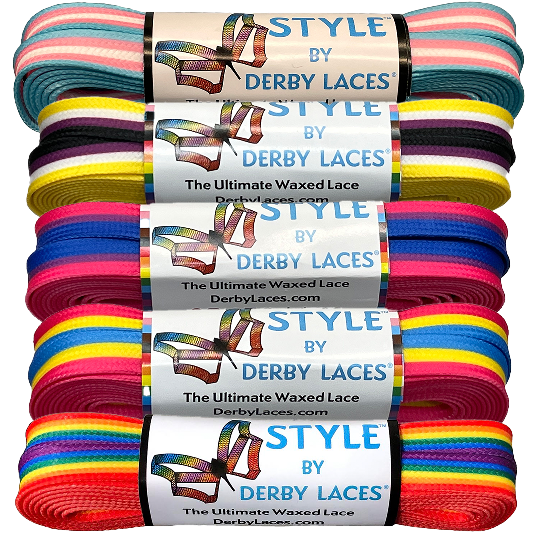 Vertical bundles of Waxed Skate Laces by Derby Laces from Gay Skate display a vibrant array of colors such as turquoise, pink, yellow, and purple. Each lace is labeled "STYLE by DERBY LACES: The Ultimate Performance Waxed Lace," celebrating style and function while honoring the diversity of pride flags like the Transgender, Rainbow, Non-Binary, Pansexual, and Bisexual through its colorful spectrum.