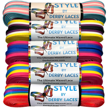 Vertical bundles of Waxed Skate Laces by Derby Laces from Gay Skate display a vibrant array of colors such as turquoise, pink, yellow, and purple. Each lace is labeled "STYLE by DERBY LACES: The Ultimate Performance Waxed Lace," celebrating style and function while honoring the diversity of pride flags like the Transgender, Rainbow, Non-Binary, Pansexual, and Bisexual through its colorful spectrum.