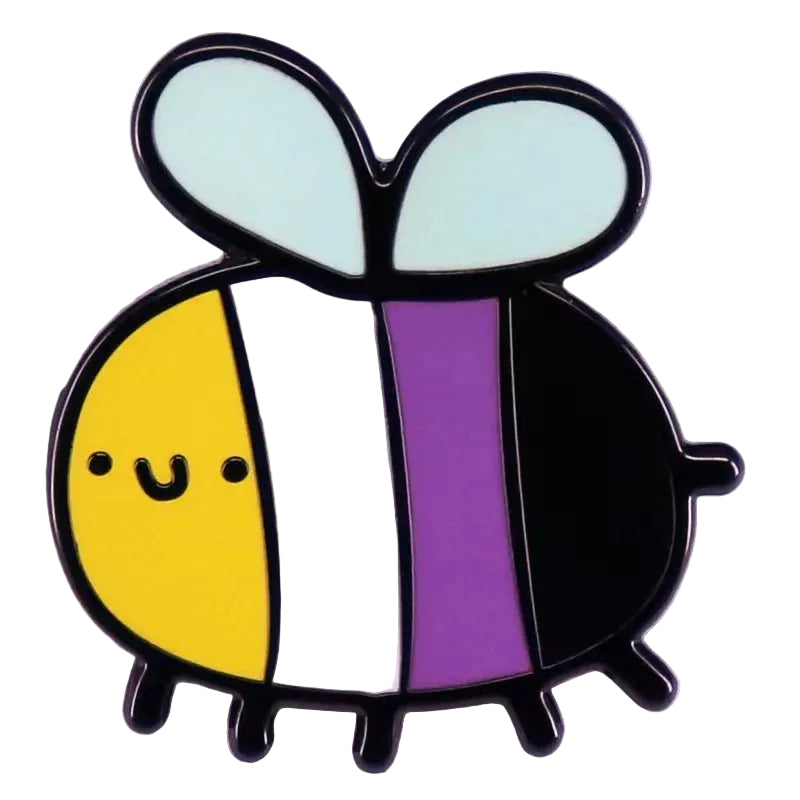 Non-binary pride bee-shaped enamel pin with a face, featuring vertical stripes of yellow, white, purple, and black