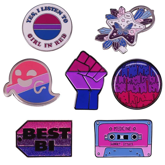 Introducing the Bisexual Pride Enamel Pin collection by Gay Skate, which includes vibrant designs such as a purple fist, a Bi flag ghost, a cassette tape labeled "Medicine," a star, a dripping rainbow circle, "Yes, I listen to girl in red," and a "BEST BI" sign adorned with purple glitter.