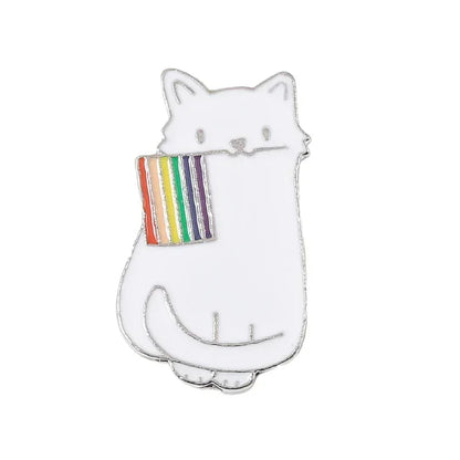 Cat-shaped pin with a rainbow flag on a white background