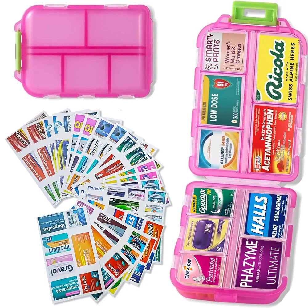 A pink Medication Storage Container with three compartments, shown open and closed, is surrounded by a fan-shaped array of customizable pharmacy labels. This organizer comes with 147 labels and is available in nine colors.