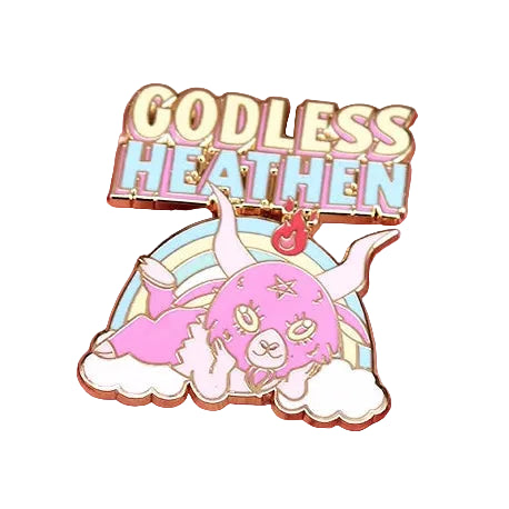 Enamel pin with 'Godless Heathen' text 
