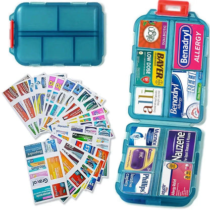 Green medication organizer with pill labels