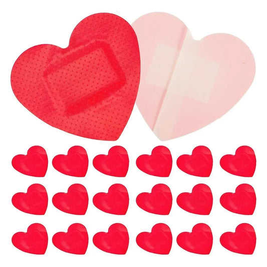 20 love-heart shaped red Band Aids. The top row features two large heart-shaped Band Aids in vibrant red colors. Beneath them, 14 smaller red heart-shaped Band Aids are arranged in two neat rows, ideal for covering those skating scrapes. Cute, kawaii