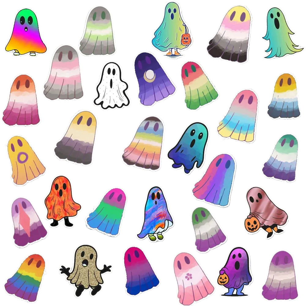 Vinyl stickers featuring various pride flag ghost designs in different colors and styles
