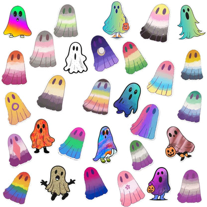Vinyl stickers featuring various pride flag ghost designs in different colors and styles