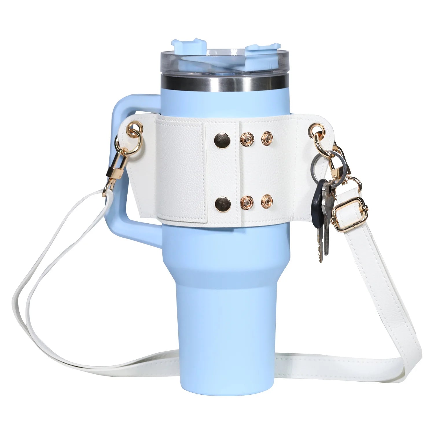 The Stanley Cup Sling by Gay Skate is a light blue travel mug with vegan leather and gold snap buttons. It features a lid handle, an adjustable shoulder strap, and a convenient key attachment for travel or commuting.