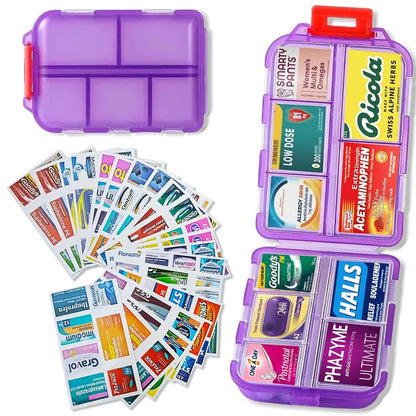 Purple pill organizer with various medication labels 