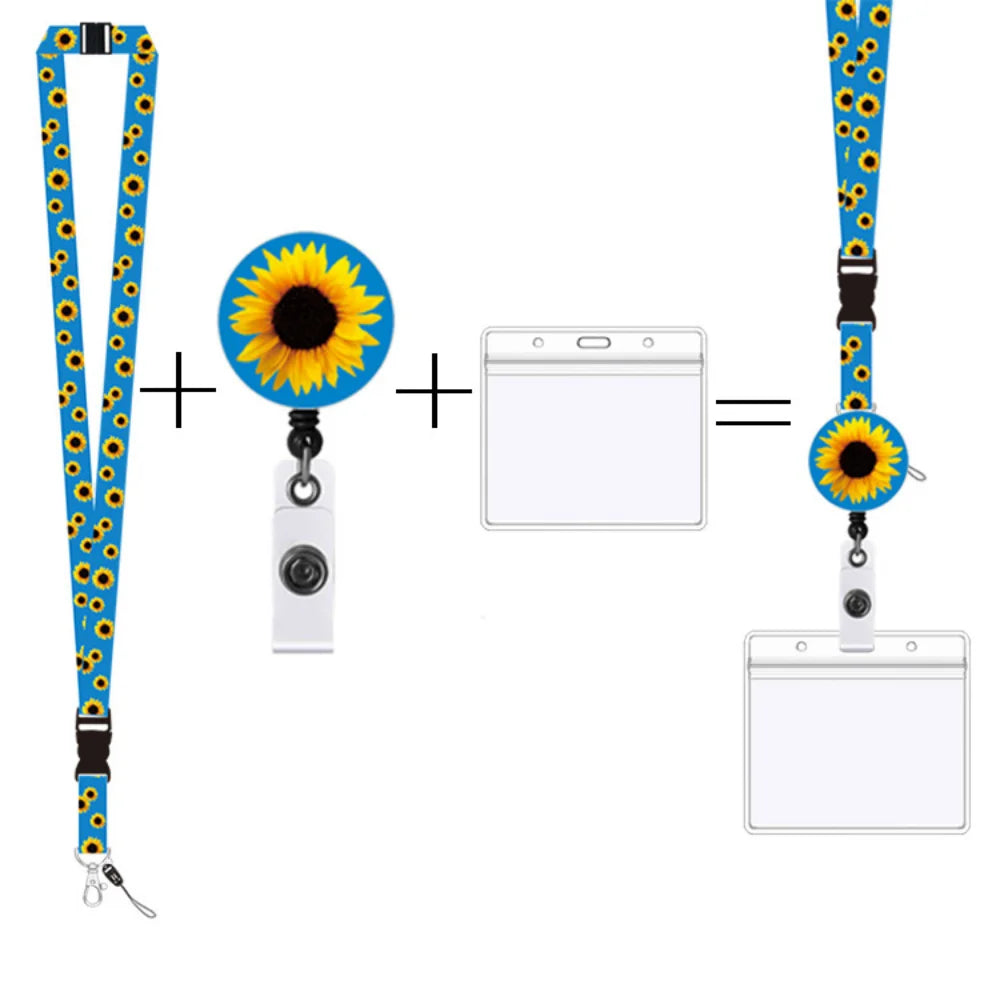 Invisible Disability sunflower retractable badge reel lanyard shown with a blank ID badge holder