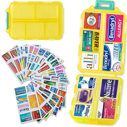 Yellow first aid kit with various medication labels