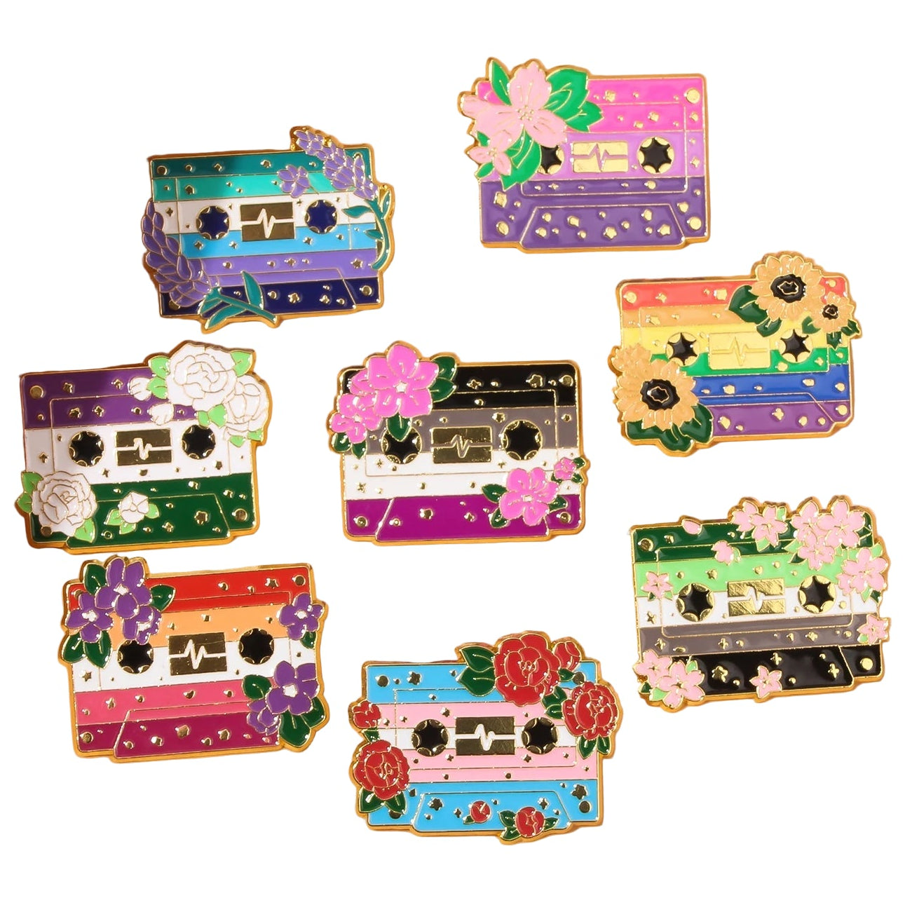 Colorful cassette tape-shaped pride flag pins with floral designs 
