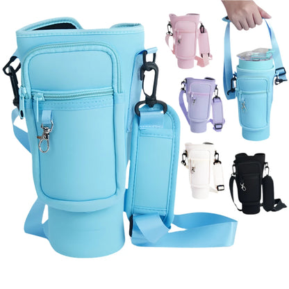 Gay Skate offers colorful insulated neoprene water bottle carriers for 40oz Stanley Cups, available in blue, pink, purple, white, and black. They include adjustable straps and a zippered phone pocket, with one shown holding a bottle.