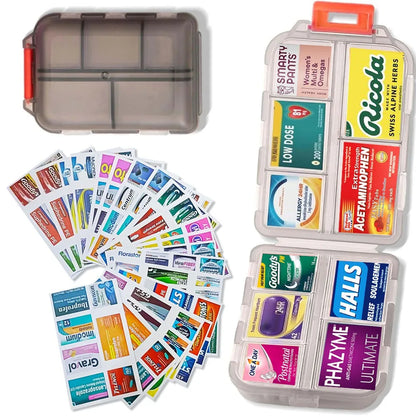 Mini-pharmacy pill organiser with miniature medicine labels