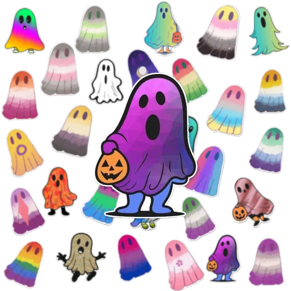 Vinyl stickers featuring various pride flag ghost designs in different colors and styles