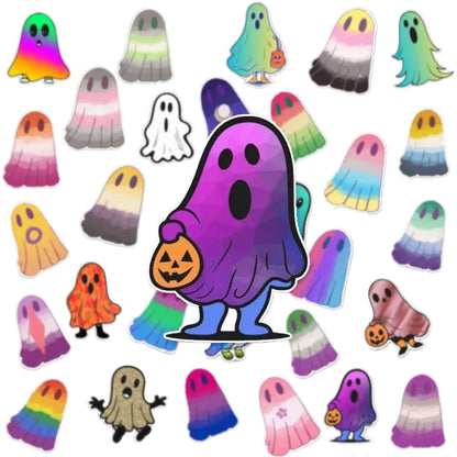 Vinyl stickers featuring various pride flag ghost designs in different colors and styles