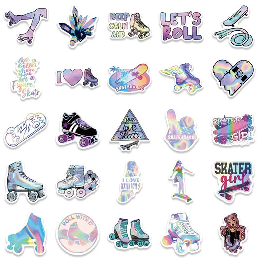 Introducing Skate Sticker Sets by DSers! These vibrant, holographic PVC waterproof stickers showcase an array of roller skating, skateboarding, and ice skating designs. Each set features roller skates, skateboards, playful slogans such as "Keep Calm and Skate" and "Let's Roll," along with hearts and skater girls in dynamic poses and styles. Available in sets of 10, 25, or 50 stickers to suit your creative needs.