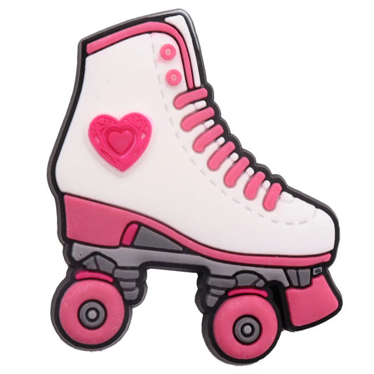 Showcase your unique style on the rink with roller skate jibbitz, featuring a white boot, pink laces, vibrant pink wheels, and a charming pink heart. Personalize your Crocs with Rollerskate and Iceskate Shoe Charms for an extra dash of personality.