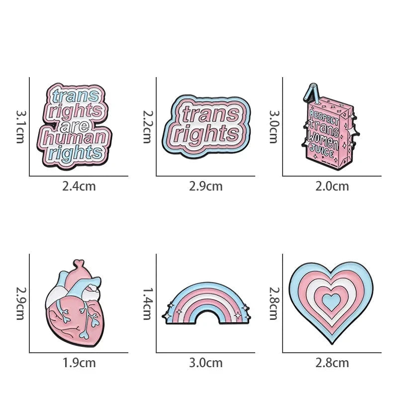 Product Description: The "Trans Rights and Trans Pride" enamel pins collection by Gay Skate includes six beautifully designed badges celebrating transgender pride. Top row designs feature: "Trans Rights Are Human Rights," "Trans Rights," and "Respect Trans Women Juice." Bottom row designs include an anatomical heart with trans flag colors, a heart with layered trans flag colors, and a rainbow with trans flag colors.