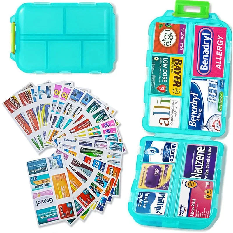 Blue teal aqua Medication organizer with various labels 