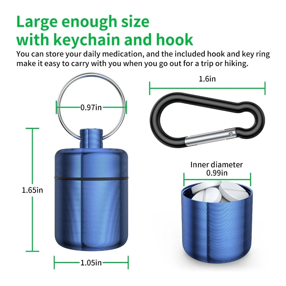 Blue metal pill organizer with a keychain ring and carabiner hook, shown with dimension labels and text explaining storage capacity on a white background.