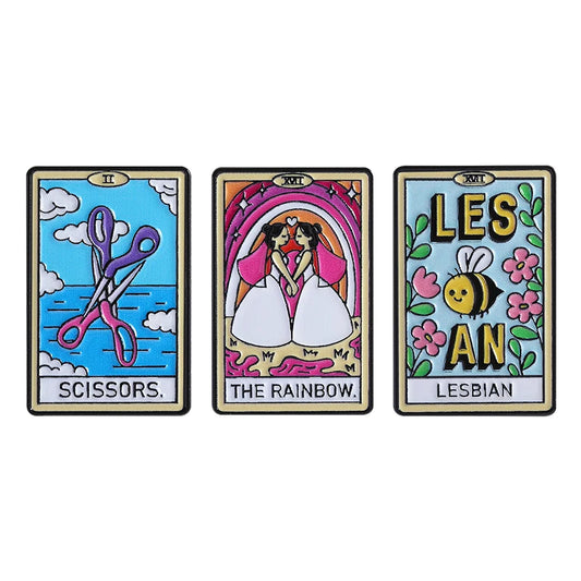 Lesbian Gay Pride Tarot Card Enamel Pins The Rainbow Girls Lesbian Bee Scissors Brooch Lapel Badge Jewelry Gift Lovers Friends AB2602