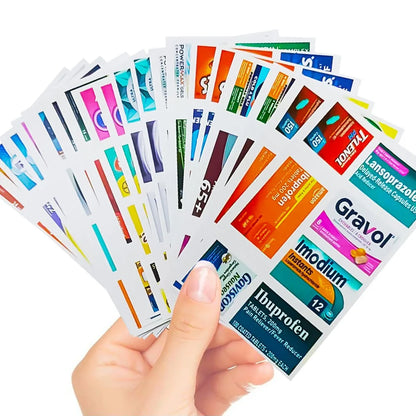 A collection of various medication labels for a mini-pharmacy pill container