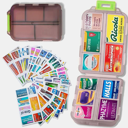 A medical emergency preparedness kit organiser filled with assorted first aid and prescription medications, alongside sheets of 147 colorful medication brand labels.